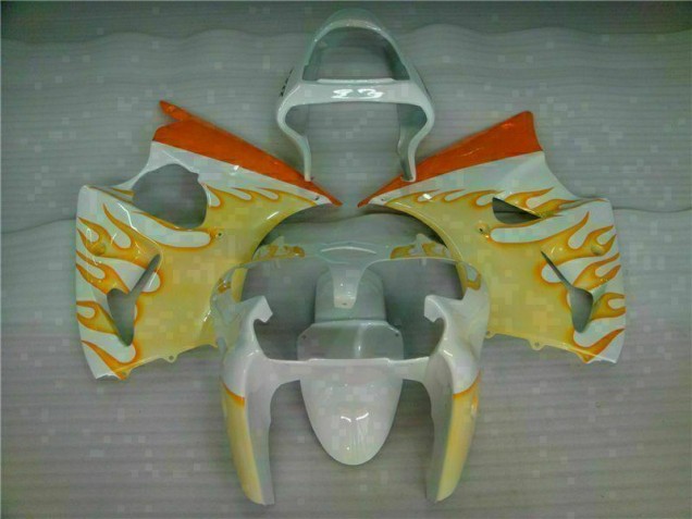 2000-2002 White Yellow Flame Kawasaki ZX6R Bike Fairings for Sale