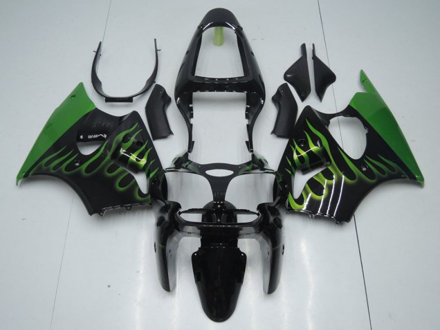 2000-2002 Black with Green Flame Kawasaki ZX6R Motorcyle Fairings for Sale