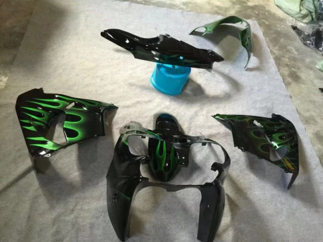 2002-2003 Glossy Black Green Flame Kawasaki ZX9R Motorcycle Fairings for Sale