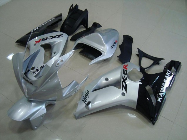 2003-2004 Silver Black Kawasaki ZX6R Motorcycle Fairing Kit for Sale