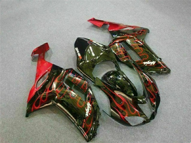 2007-2008 Black Red Flame Kawasaki ZX6R Motor Bike Fairings for Sale