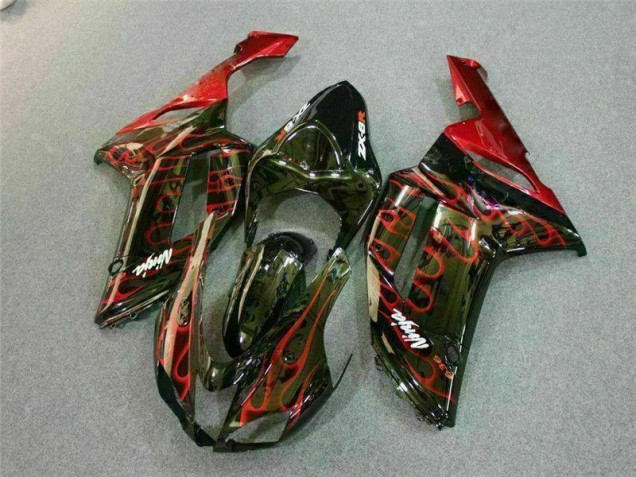 2007-2008 Black Red Flame Kawasaki ZX6R Motor Bike Fairings for Sale