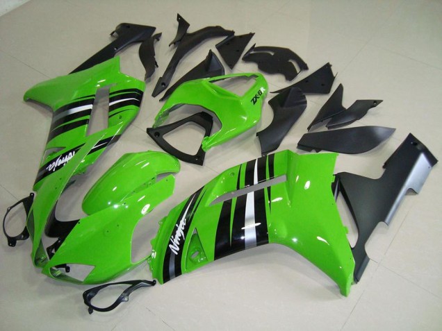 2007-2008 Green and Silver Stripe Kawasaki ZX6R Motorcycle Fairings Kits for Sale