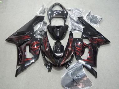 2005-2006 Black Red Flame Kawasaki ZX6R Moto Fairings for Sale