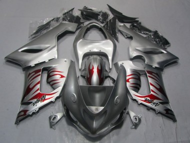 2005-2006 Silver Red Flame Ninja Kawasaki ZX6R Motorcycle Replacement Fairings for Sale