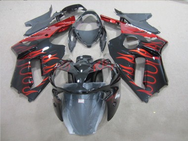 2007-2008 Black Red Flame Kawasaki ZX6R Replacement Fairings for Sale