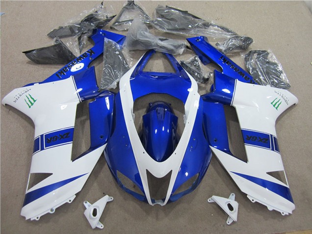 2007-2008 Blue White Monster Kawasaki ZX6R Bike Fairing for Sale