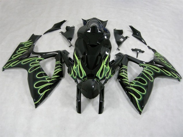 2006-2007 Black Green Flame Suzuki GSXR600 Motorcycle Fairings for Sale